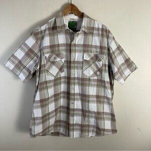 Timberland Mens short sleeve plaid tan green cotton snap closure button down top